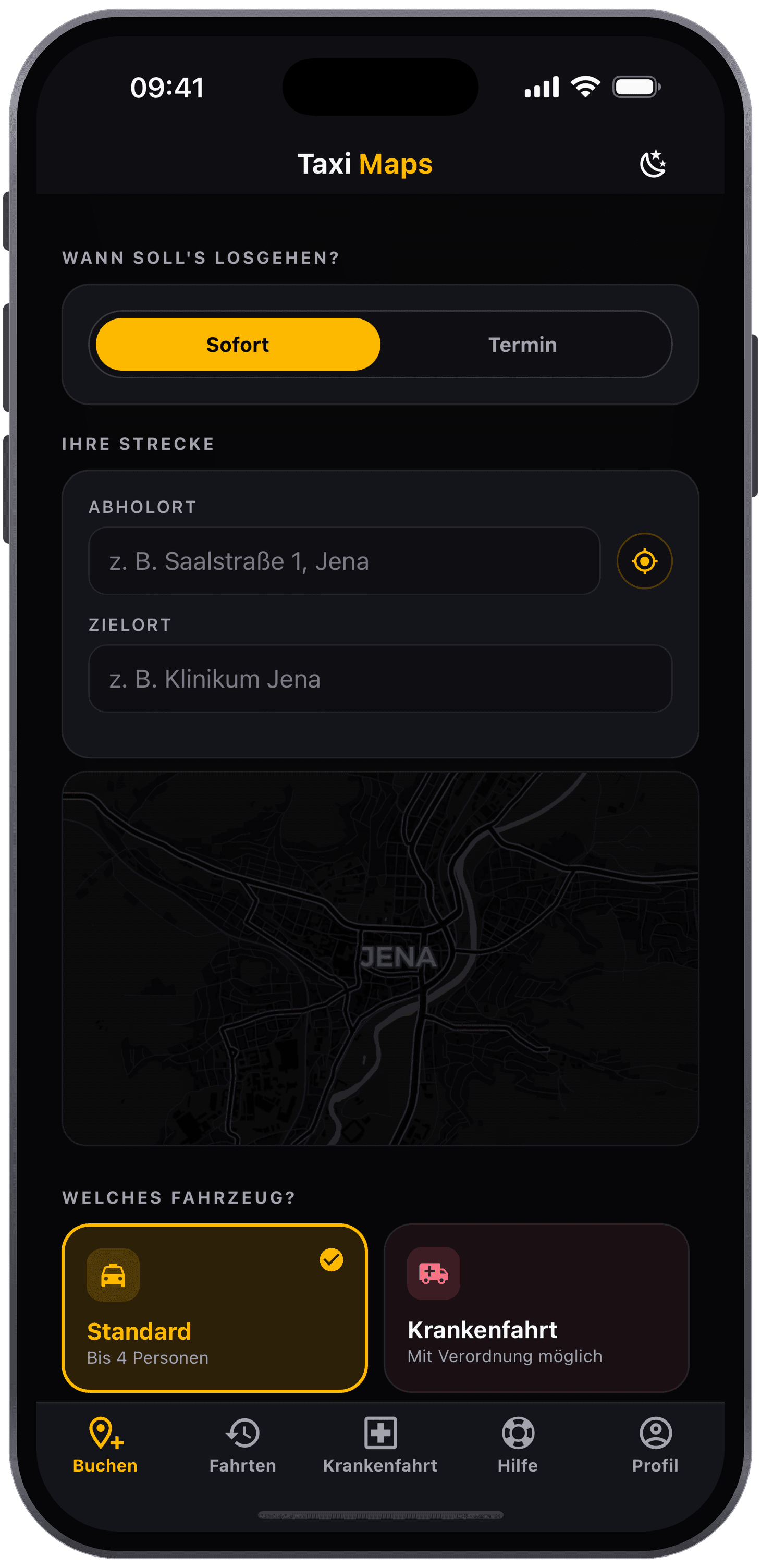 TAXI JENA App – Buchungsformular mit Sofort/Termin-Umschalter, Adresseingabe und Fahrzeugauswahl