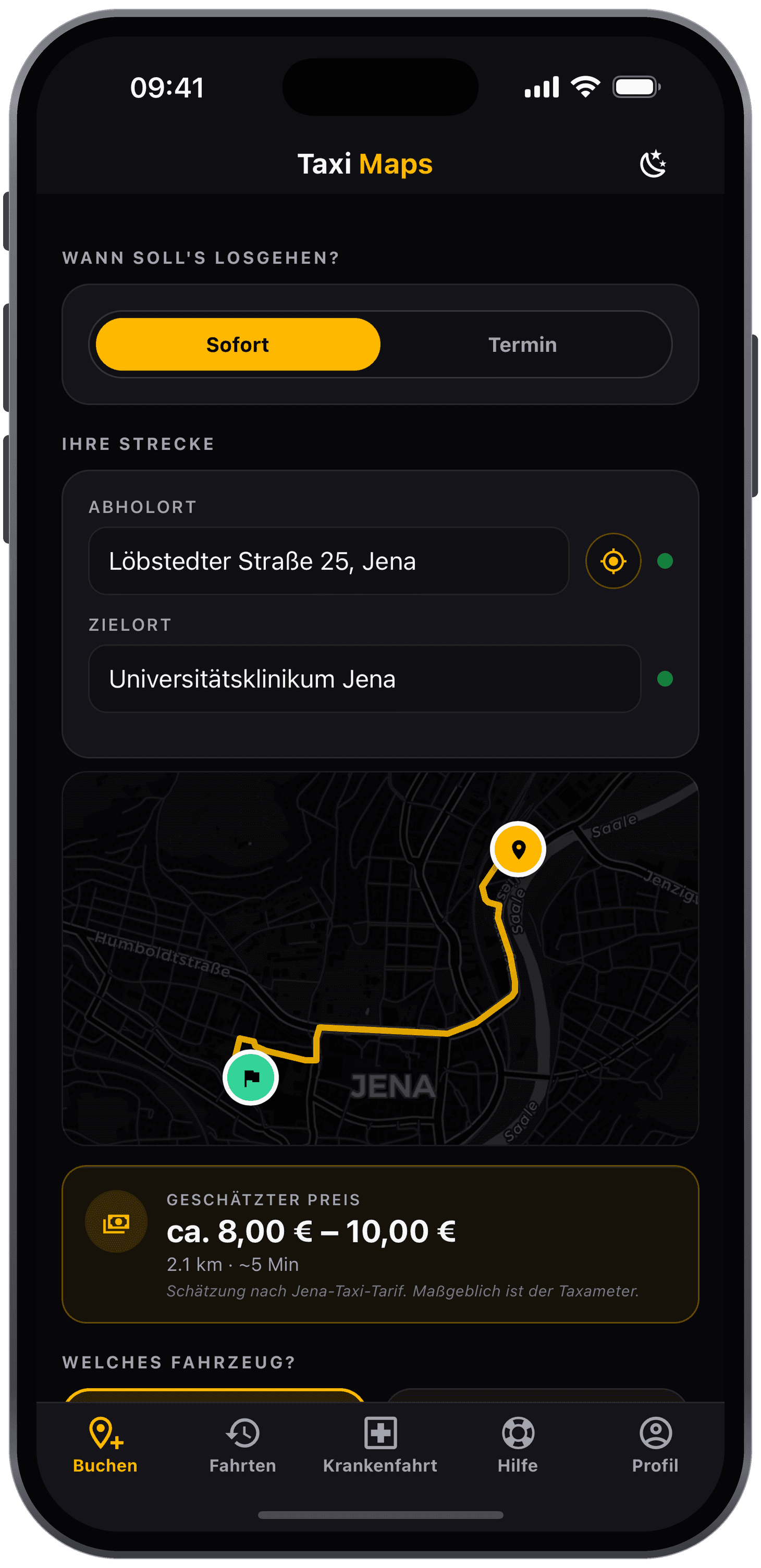 TAXI JENA App — Strecke mit Live-Karte und Fahrpreis-Schätzung
