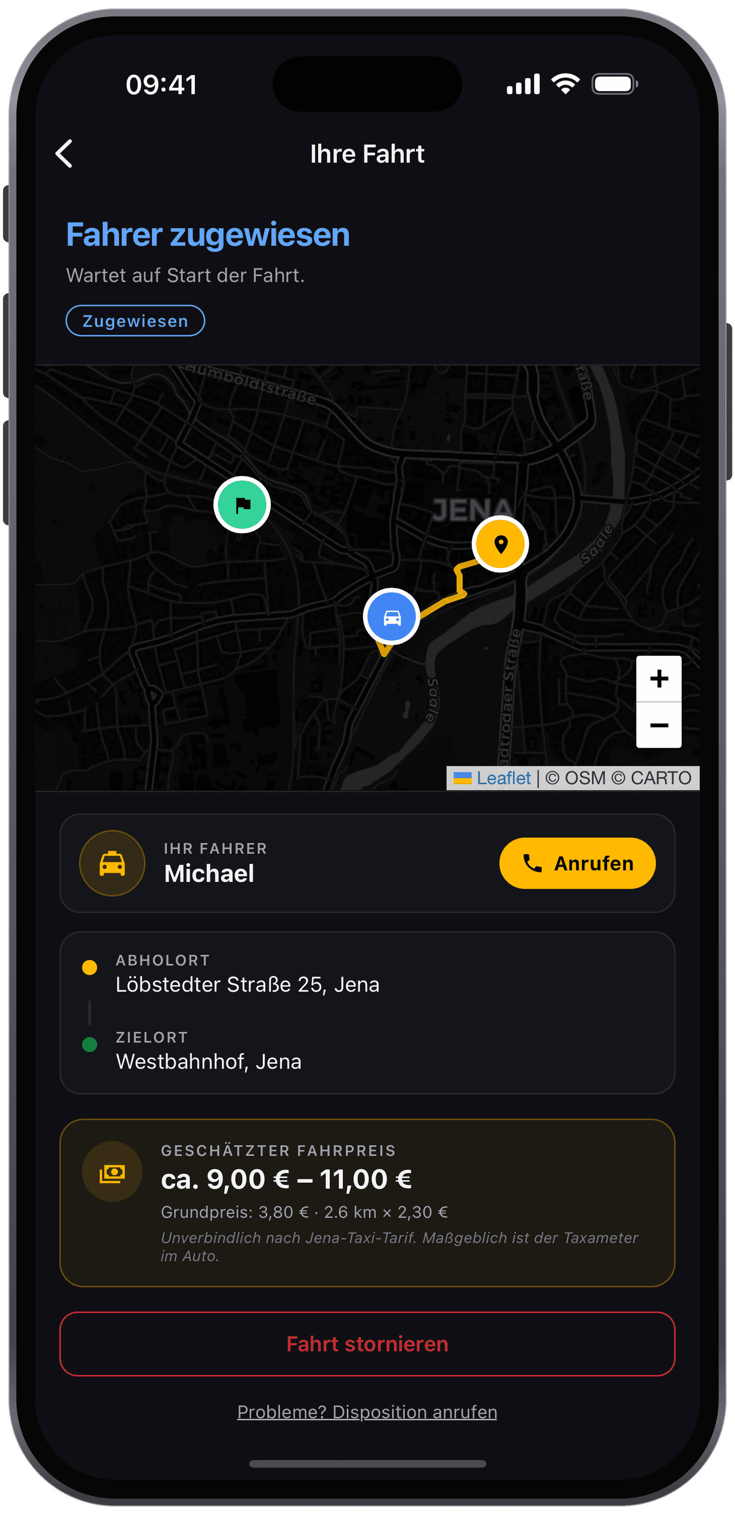 TAXI JENA App – Live-Karte mit zugewiesenem Fahrer auf dem Weg zum Abholort