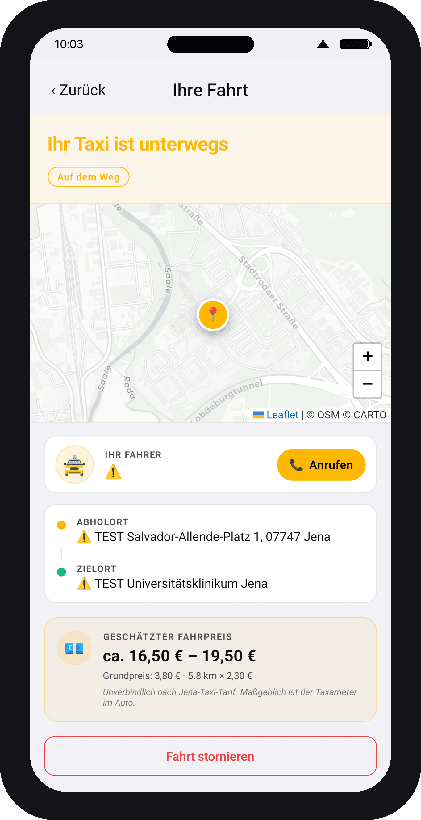 TAXI JENA App – Live-Tracking: Ihr Taxi ist unterwegs mit Karte + Fahrpreis