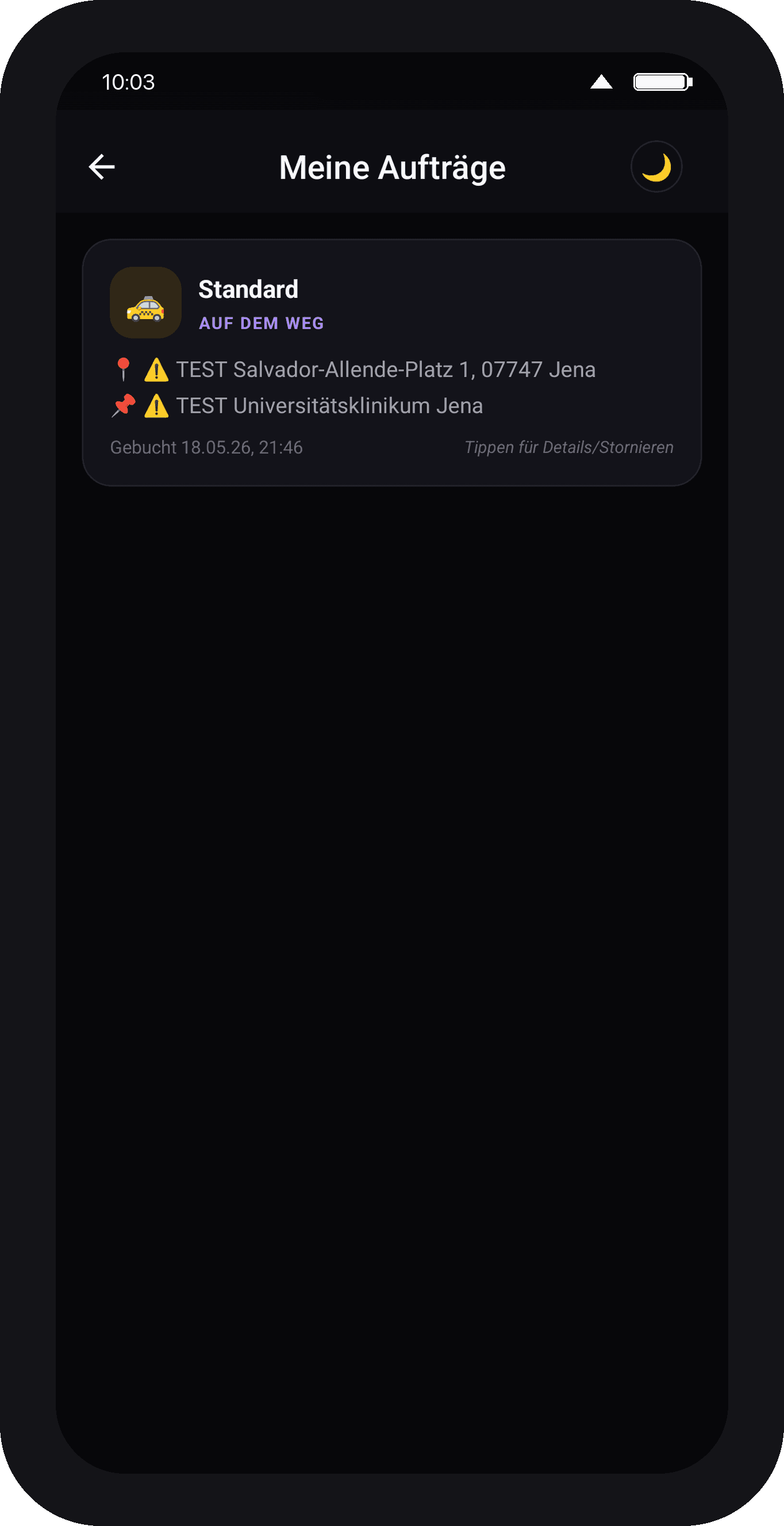 TAXI JENA App – Meine Aufträge mit Live-Status