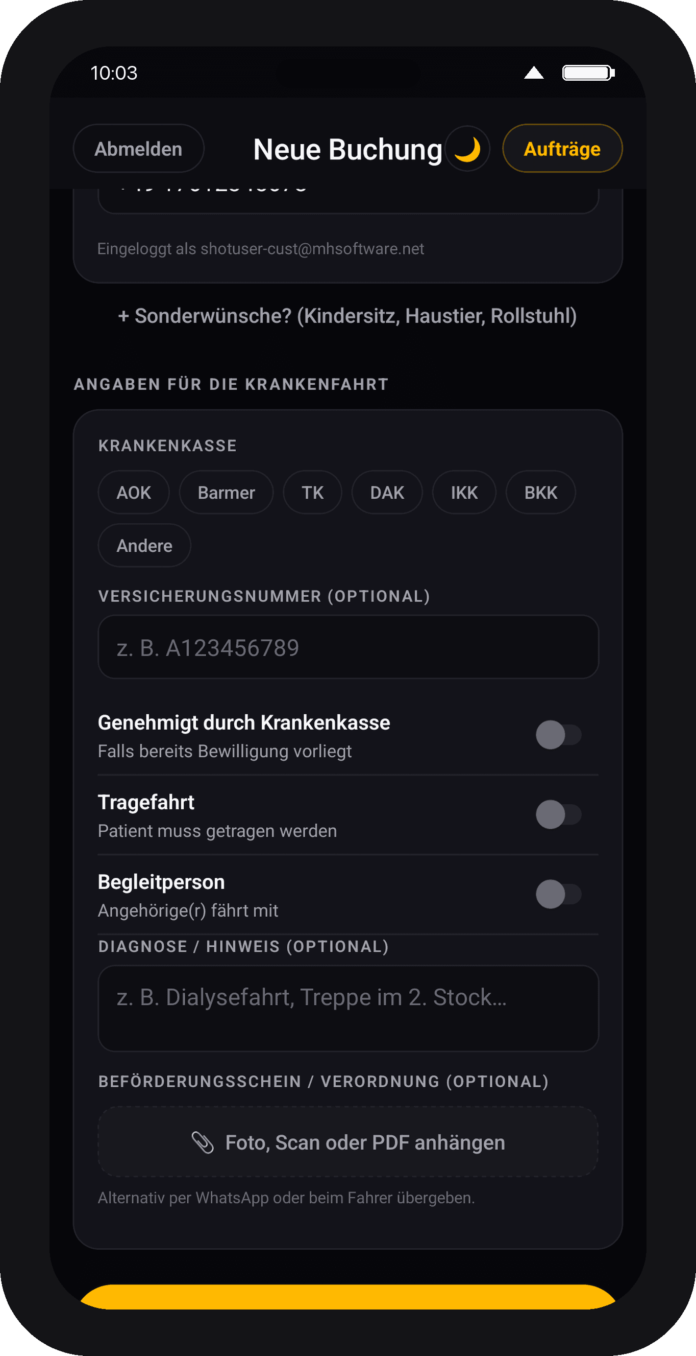 TAXI JENA App – Krankenfahrt-Auswahl mit Verordnungs-Formular